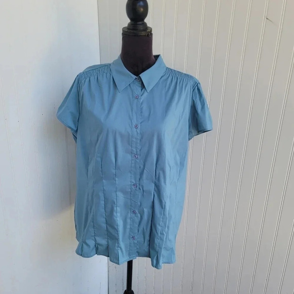NWT a.n.a. Women’s Button Down Blouse/Collar Tint Blue Plus Size Cap Sleeve 1X - Picture 1 of 12